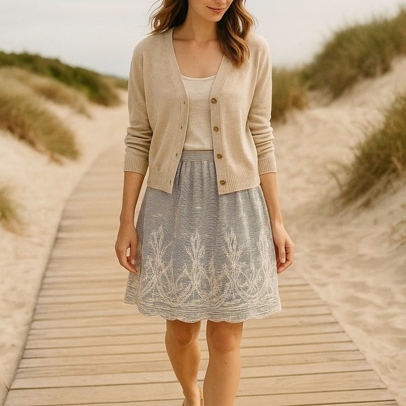 NY Collection Black White Striped Skirt w/ Embroidered Hem | Size 6 - Picture 1 of 15